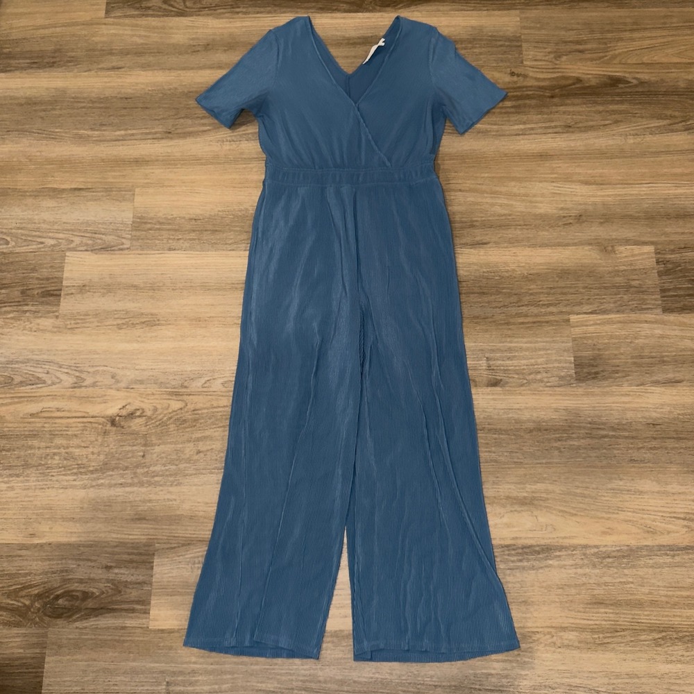 ASTR The Label Blue Plisse Pleated Wrap V-Neck Wide Leg Jumpsuit Large